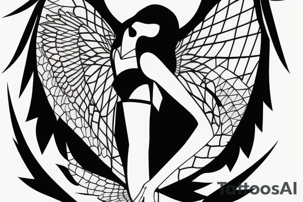 flying female angel with wings in geometrical style tattoo idea