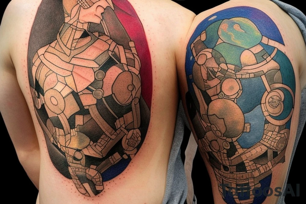 Titan Atlas carrying a world split in half, where the bottom (flat) half of that world is just a mirror of himself. Like a metaphor of the fact that sometimes we might feel we have the world on our shoulder, when we're really only projecting our problems and fears on everything else unconsciously tattoo idea
