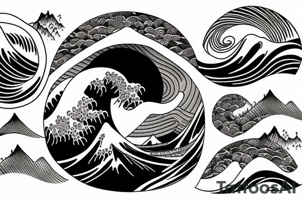 circle tattoo waves of kanagawa with mountains tattoo idea