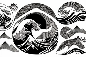 circle tattoo waves of kanagawa with mountains tattoo idea