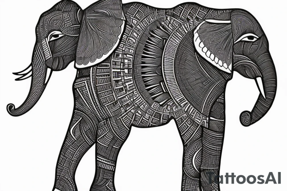 African goddess with geometric art and fractal design, africa map, elephant, rose, 8k, black and white tattoo idea