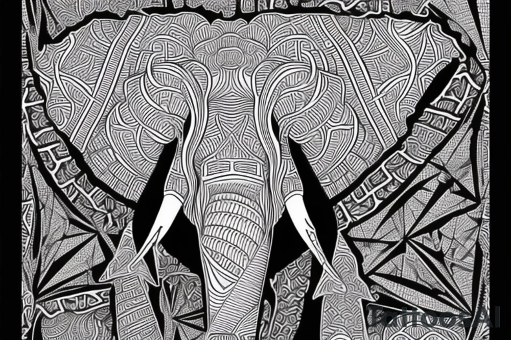 African goddess with geometric art and fractal design, africa map, elephant, rose, 8k, black and white tattoo idea