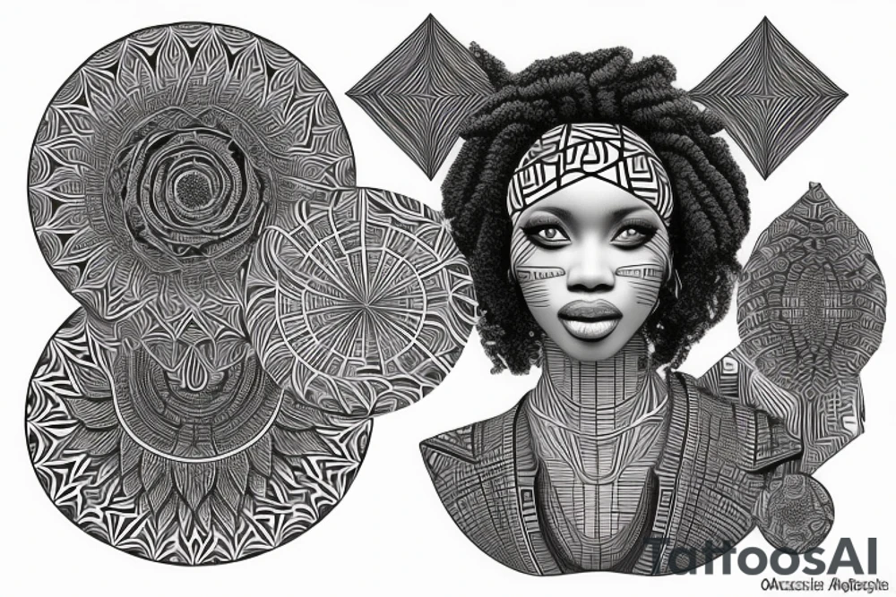 African goddess with geometric art and fractal design, africa map, rose, 8k, black and white tattoo idea