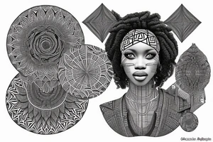 African goddess with geometric art and fractal design, africa map, rose, 8k, black and white tattoo idea