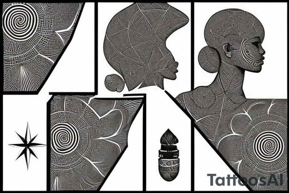 African goddess with geometric art and fractal design, africa map, rose, 8k, black and white tattoo idea