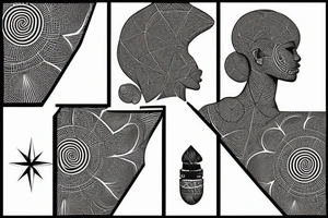 African goddess with geometric art and fractal design, africa map, rose, 8k, black and white tattoo idea