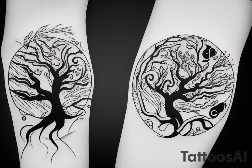 Yin and yang, one side water element, the other side forest/tree element tattoo idea