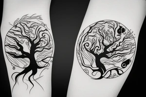 Yin and yang, one side water element, the other side forest/tree element tattoo idea