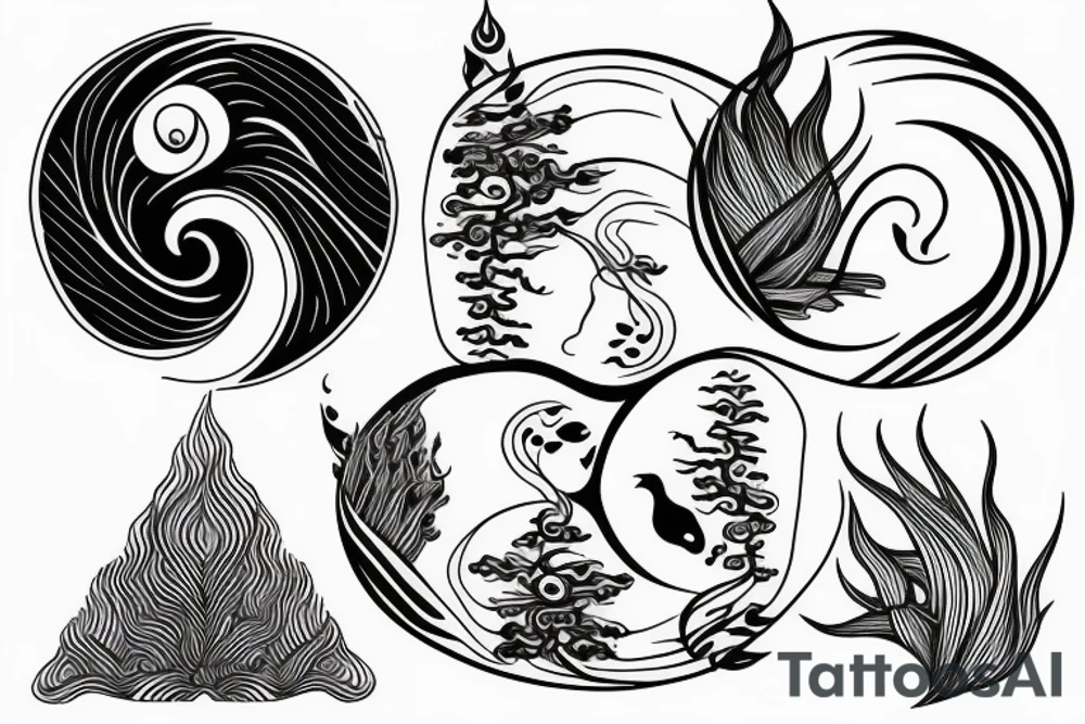 Yin and yang, one side water element, the other side forest/tree element tattoo idea