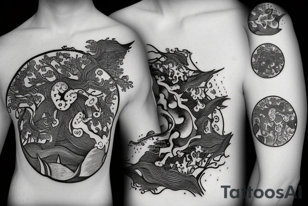 Yin and yang, one side water element, the other side forest/tree element tattoo idea Yin and yang, one side water element, the other side forest/tree element tattoo idea