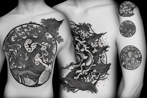 Yin and yang, one side water element, the other side forest/tree element tattoo idea