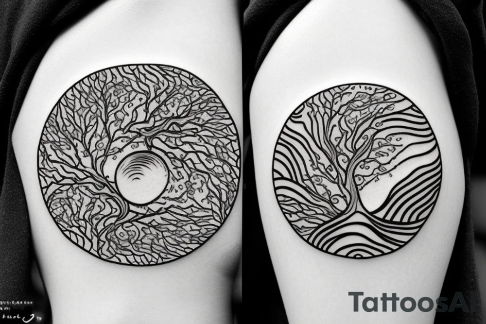 Yin and yang, one side water element, the other side forest/tree element tattoo idea