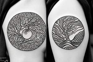 Yin and yang, one side water element, the other side forest/tree element tattoo idea