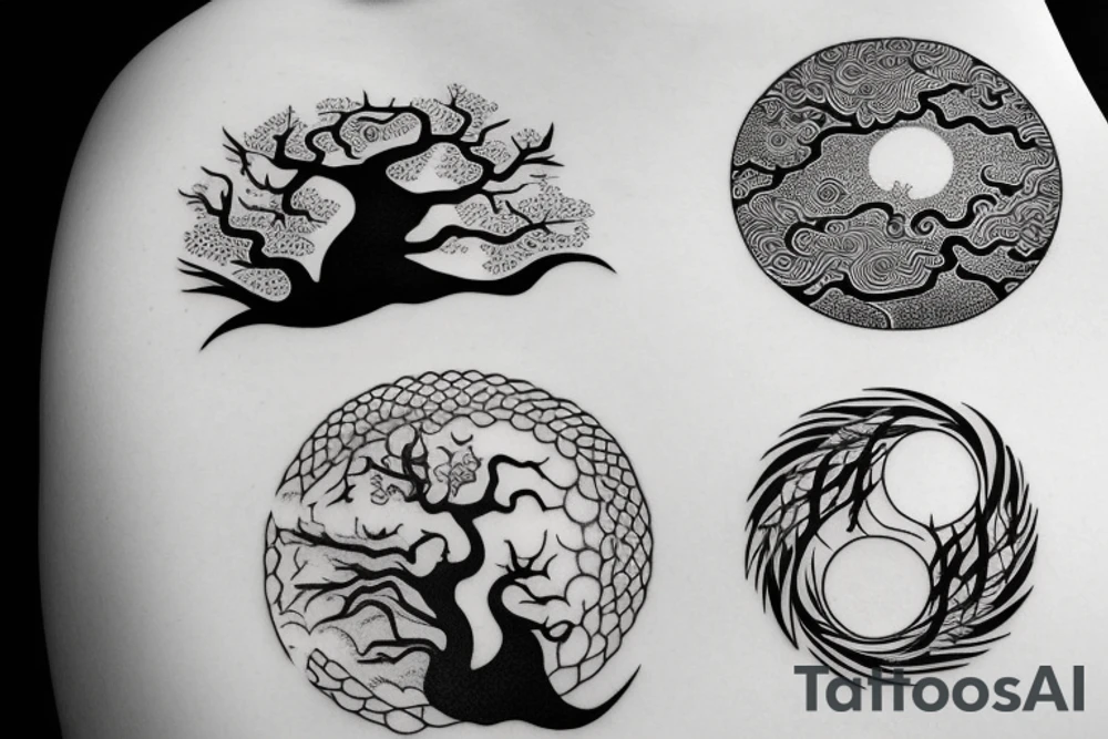 Yin and yang, one side water element, the other side forest/tree element tattoo idea