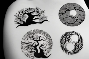 Yin and yang, one side water element, the other side forest/tree element tattoo idea