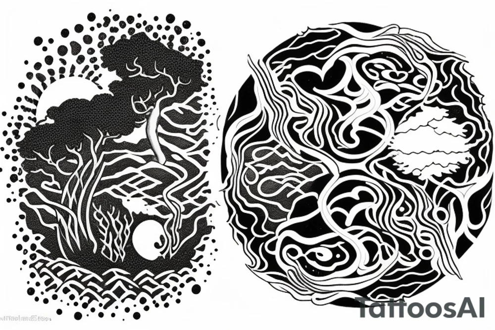 Yin and yang, one side water element, the other side forest/tree element tattoo idea