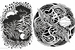Yin and yang, one side water element, the other side forest/tree element tattoo idea