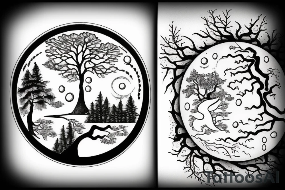 Yin and yang! one side water element, the other side forest/tree element tattoo idea