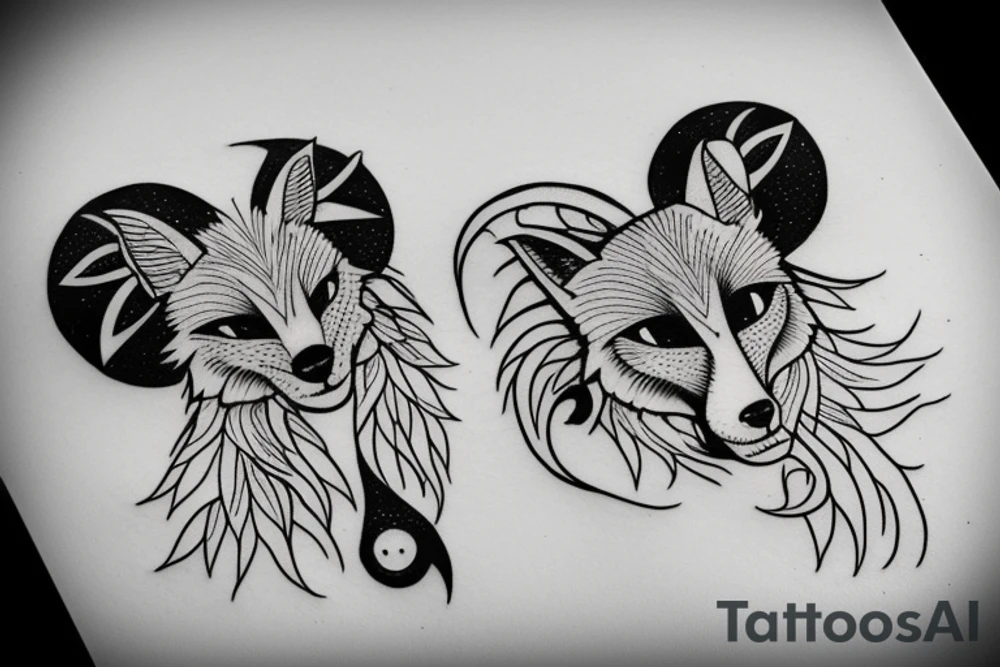 fox with three tails moon cosmos tattoo idea