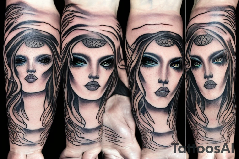 Medusas face with white eyes and makeup and snake hair tattoo idea
