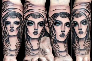 Medusas face with white eyes and makeup and snake hair tattoo idea