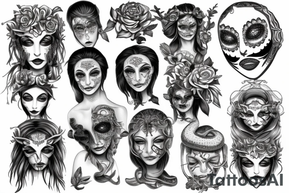Medusas face with white eyes and makeup and snake hair tattoo idea