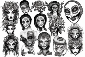 Medusas face with white eyes and makeup and snake hair tattoo idea