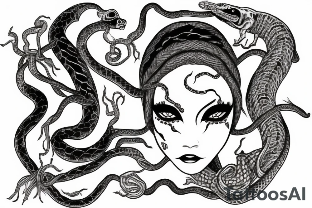 Medusas face with white eyes and makeup and snake hair tattoo idea
