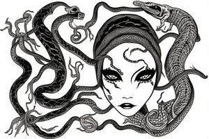 Medusas face with white eyes and makeup and snake hair tattoo idea