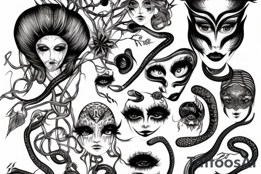 Medusas face with white eyes and makeup and snake hair tattoo idea