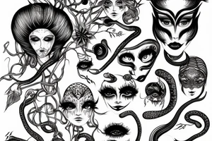 Medusas face with white eyes and makeup and snake hair tattoo idea