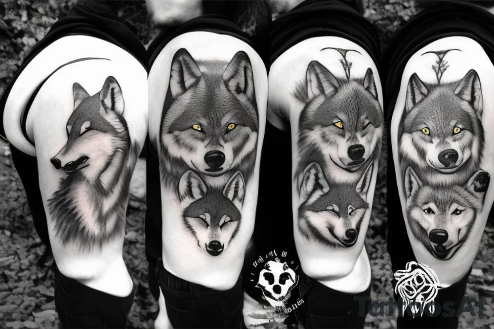 two adult wolves and two baby wolves in a dark forest tattoo idea