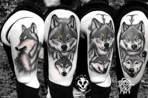 two adult wolves and two baby wolves in a dark forest tattoo idea