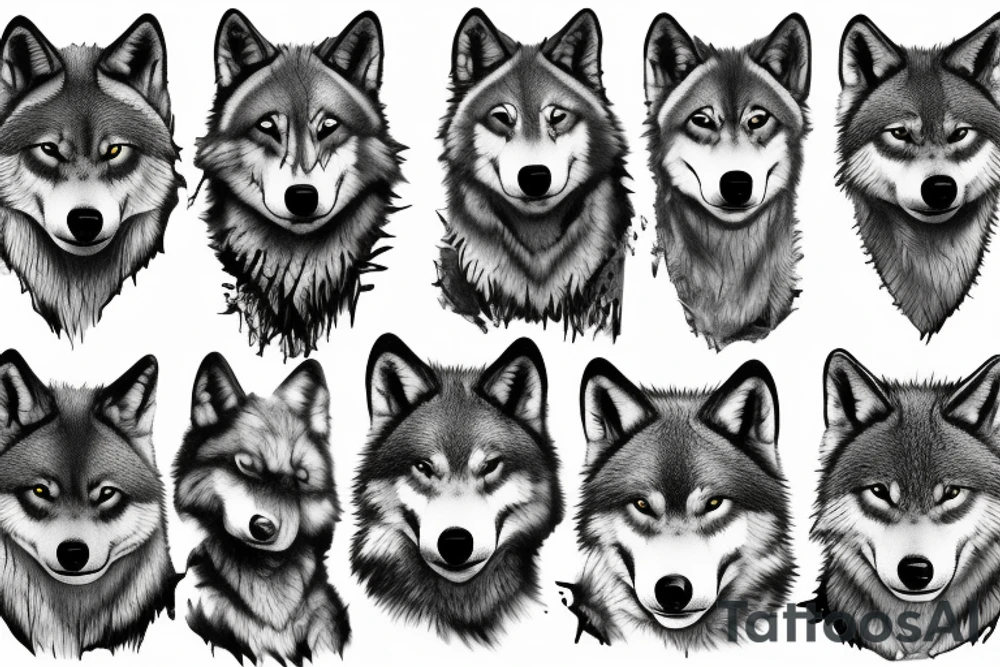 two adult wolves and two baby wolves in a dark forest tattoo idea