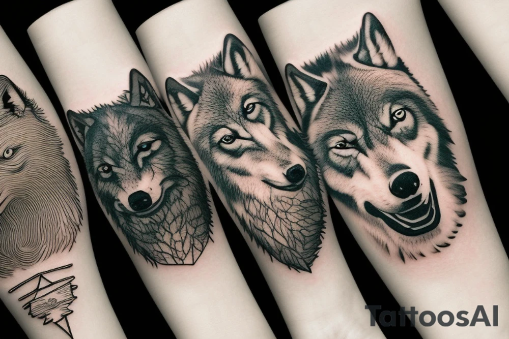 two adult wolves and two baby wolves in a dark forest tattoo idea