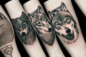 two adult wolves and two baby wolves in a dark forest tattoo idea