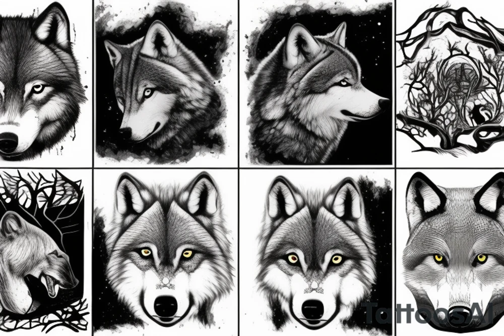 two adult wolves and two baby wolves in a dark forest tattoo idea