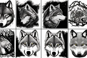 two adult wolves and two baby wolves in a dark forest tattoo idea