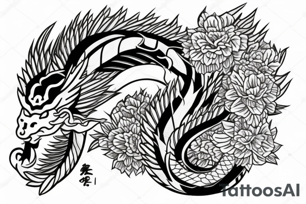 Japanese dragon with flower tattoo idea
