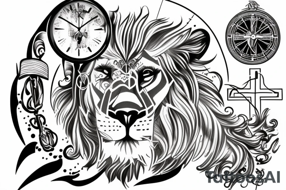 Christian sleeve tattoo, with a cross, a lion, Jesus praying, and a clock. tattoo idea