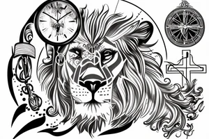 Christian sleeve tattoo, with a cross, a lion, Jesus praying, and a clock. tattoo idea