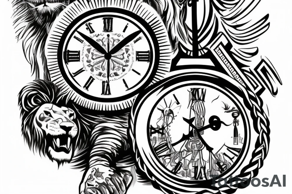 Christian sleeve tattoo, with a cross, a lion, Jesus praying, and a clock. tattoo idea