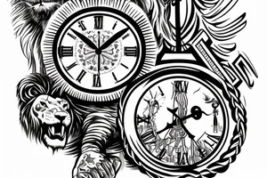 Christian sleeve tattoo, with a cross, a lion, Jesus praying, and a clock. tattoo idea