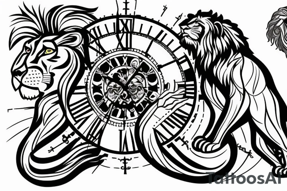 Christian tattoo, with a cross, a lion, Jesus praying, and a clock. tattoo idea
