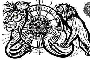 Christian tattoo, with a cross, a lion, Jesus praying, and a clock. tattoo idea