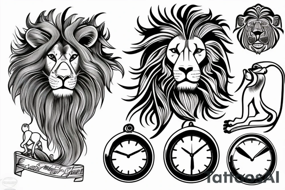 Christian tattoo, with a cross, a lion, Jesus praying, and a clock. tattoo idea