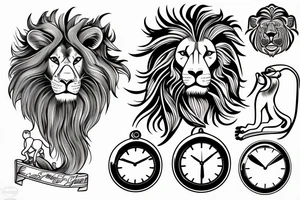 Christian tattoo, with a cross, a lion, Jesus praying, and a clock. tattoo idea