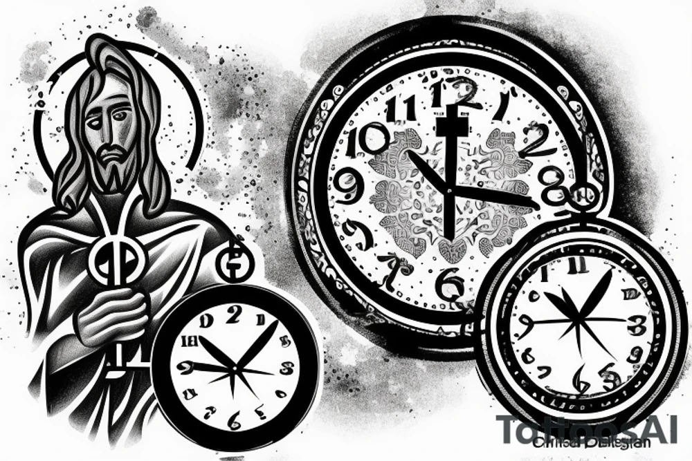 Christian tattoo, with a cross, Jesus praying, and a clock. tattoo idea