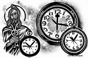 Christian tattoo, with a cross, Jesus praying, and a clock. tattoo idea