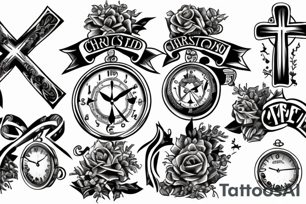 Christian tattoo, with a cross, Jesus praying, and a clock. tattoo idea